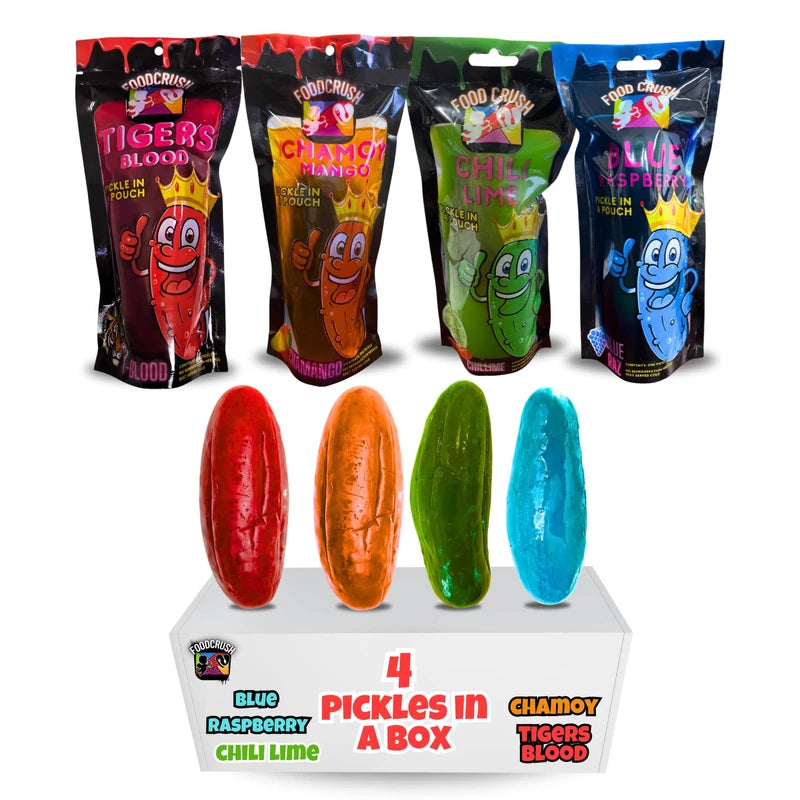 Chamoy Pickle In A Pouch (Pack of 4) Chamoy, Blue Raspberry, Tigers Blood, Chili Lime-4 Extra Large Pickles